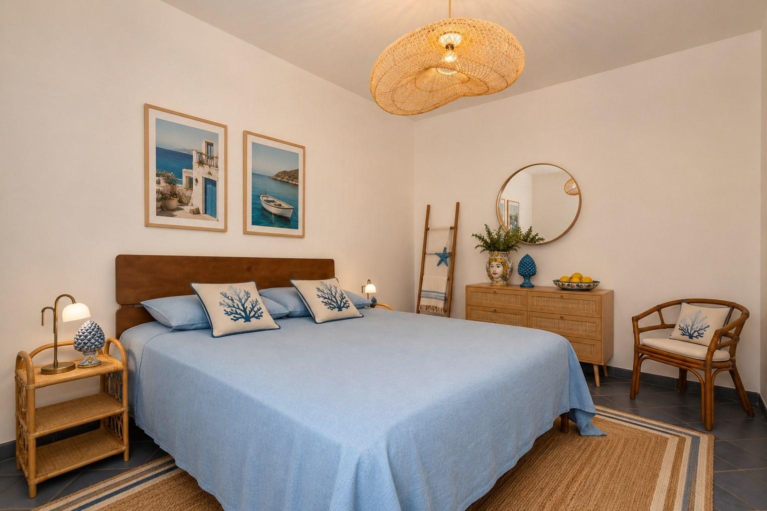 Double bedroom with blue linens