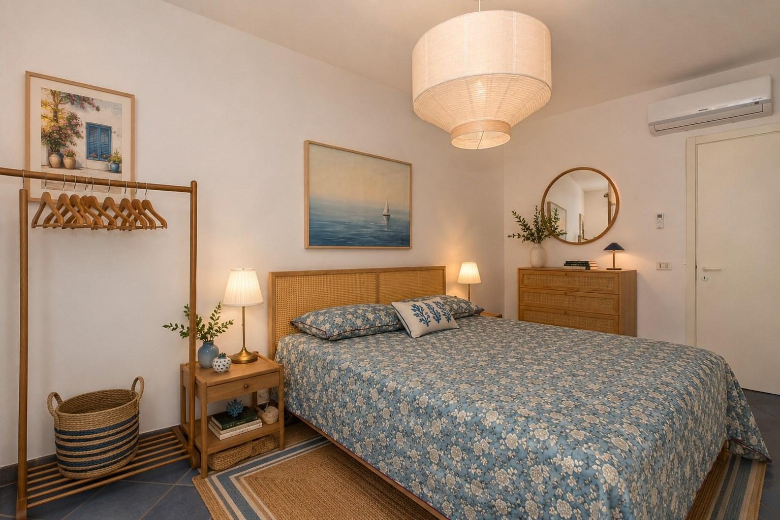 Bedroom with floral bedspread