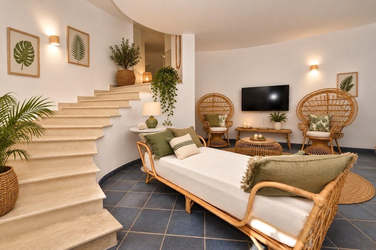 Lower sitting room with rattan chairs
